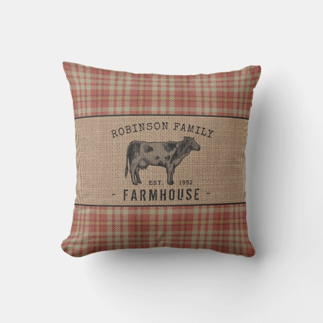 Familjejordbruk Rustic Cow Red Play Burlap Kudde (Framsida)