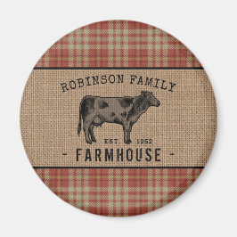Familjejordbruk Rustic Cow Red Play Burlap Round Magnet