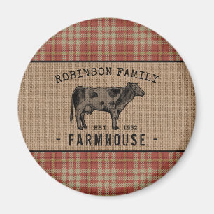 Familjejordbruk Rustic Cow Red Play Burlap Round Magnet