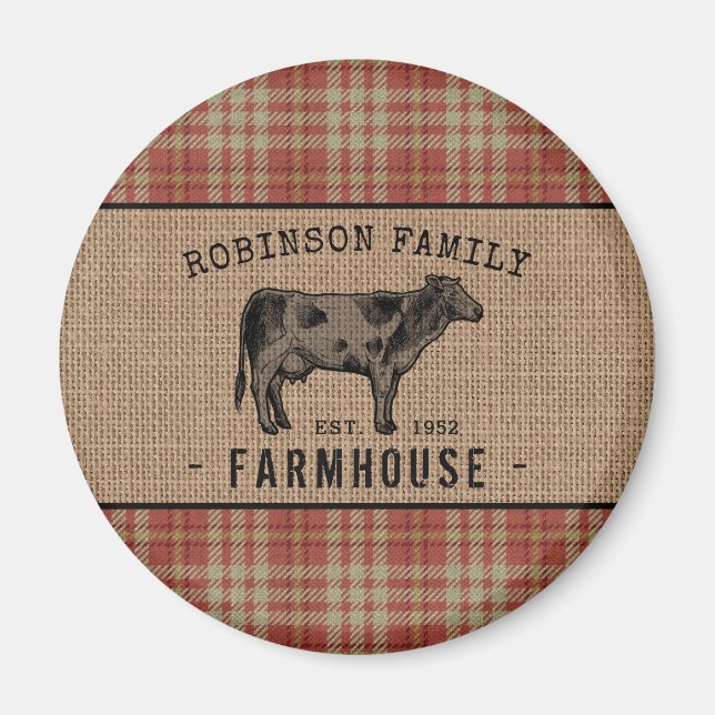 Familjejordbruk Rustic Cow Red Play Burlap Round Magnet (Framsidan)
