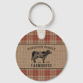 Familjejordbruk Rustic Cow Red Play Burlap Round Nyckelring