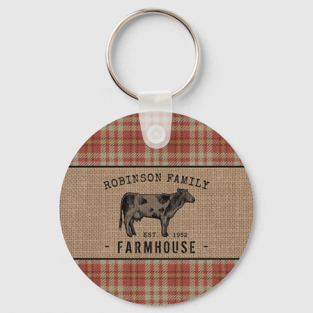 Familjejordbruk Rustic Cow Red Play Burlap Round Nyckelring (Framsida)