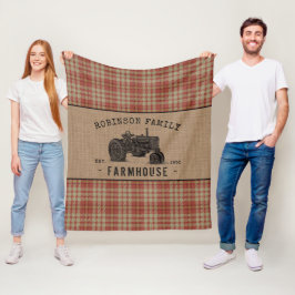 Familjejordbruk Rustic Tractor Red Play Burlap Fleecefilt