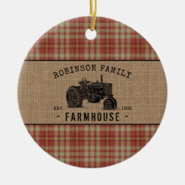 Familjejordbruk Rustic Tractor Red Play Burlap Julgransprydnad Keramik