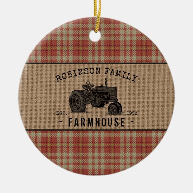 Familjejordbruk Rustic Tractor Red Play Burlap Julgransprydnad Keramik (Framsidan)