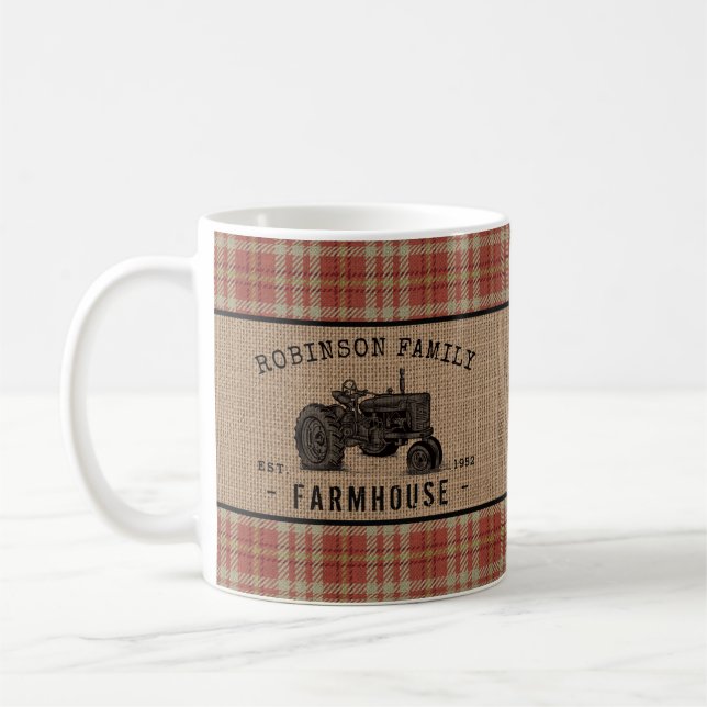Familjejordbruk Rustic Tractor Red Play Burlap Kaffemugg (Vänster)