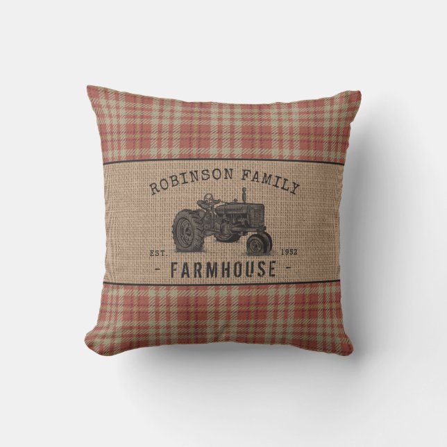Familjejordbruk Rustic Tractor Red Play Burlap Kudde (Framsida)