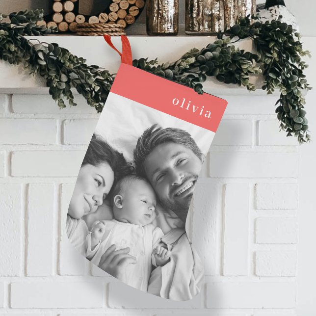 Familjejul | Modern Snyggt Orange Red Photo Liten Julstrumpa (Modern family photo Christmas stocking by Guava, featuring coral orange red colour & white font)
