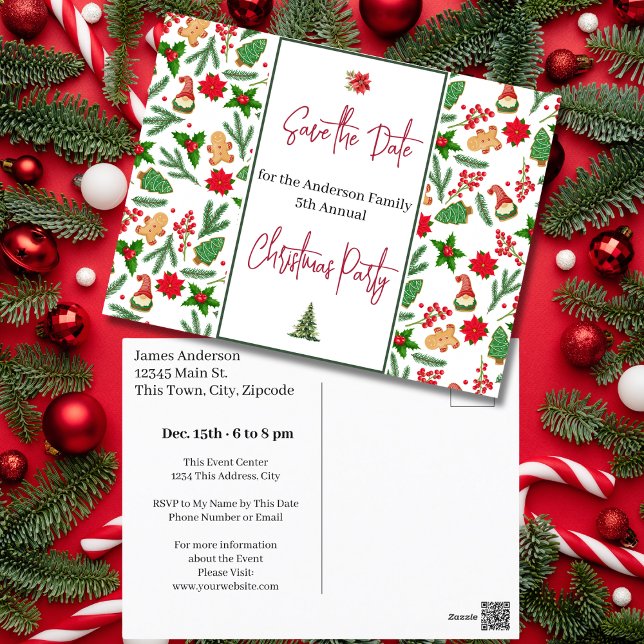 Familjejul Party Spara datum Holly Berry Vykort (Family Christmas Party Save the Date Holly Berry Postcard)