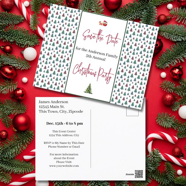 Familjejul Party Spara datum Träd Vykort (Family Christmas Party Save the Date Trees Postcard)