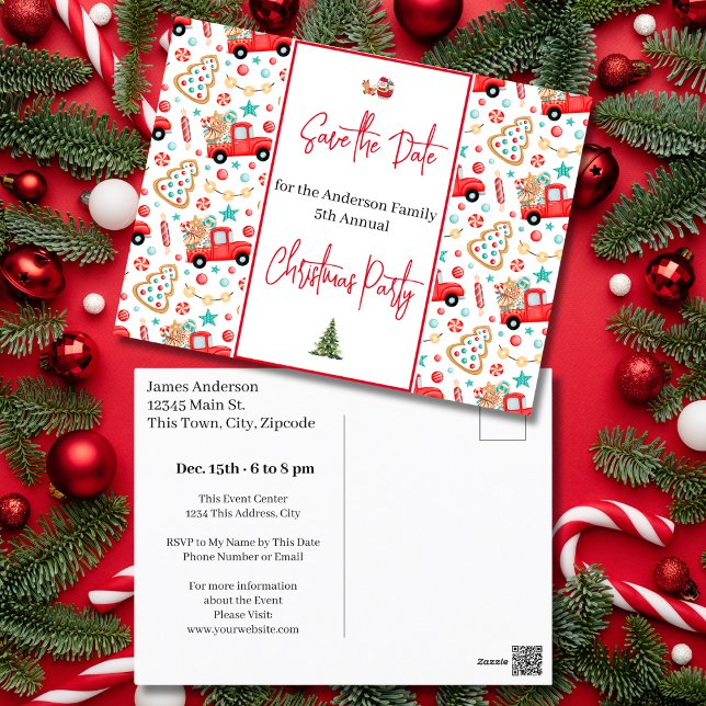 Familjejul Party Spara datumet Red Lastbil Vykort (Family Christmas Party Save the Date Red Truck Postcard)