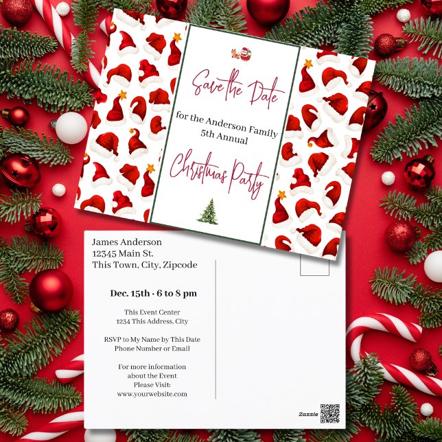 Familjejul Party Spara jultomten Vykort (Family Christmas Party Save the Date Santa Hat Postcard)