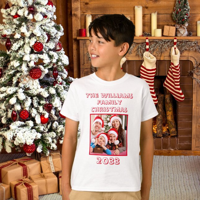 Familjejulen Namn och Photo Son White T Shirt (Boys Christmas T-Shirt)