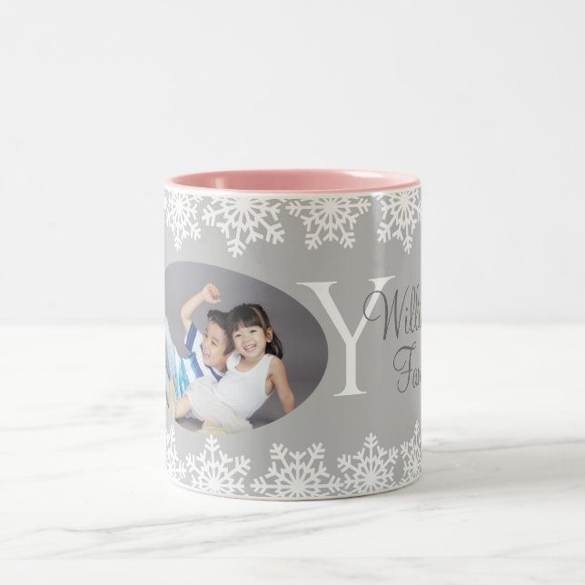 Familjejulet "JOY" Silver Grått Snowflake H Två-Tonad Mugg (Center)