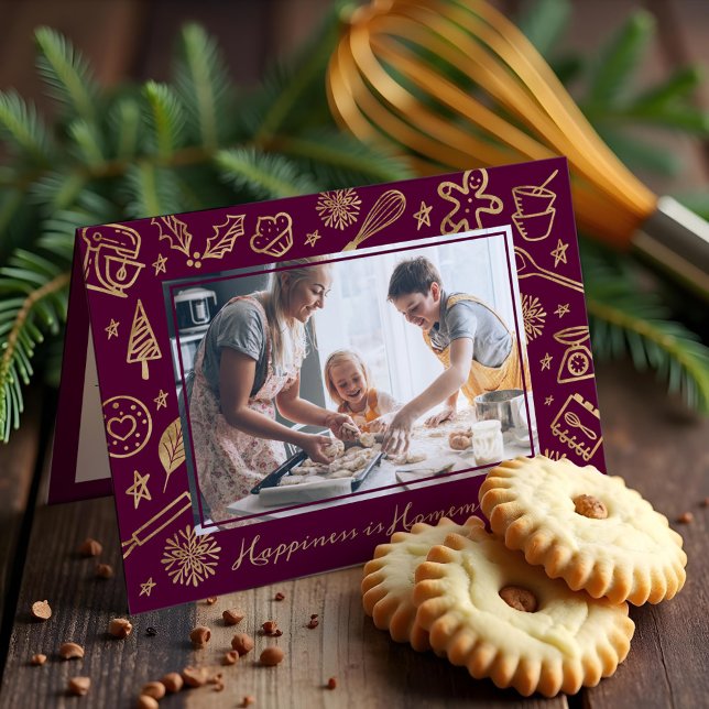 Familjejulrececipe Guld & Burgundy Photo Helgkort (Family Christmas Recipe Gold & Burgundy Photo Holiday Card)