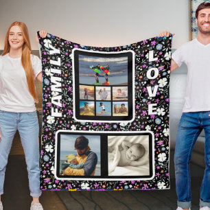 Familjekärlek Foto Collage Ditsy Blommönster Fleecefilt