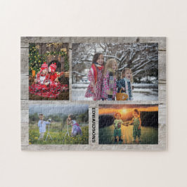 Familjekollage 4 foton på barrträdsmonogram namn pussel