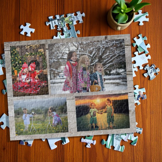 Familjekollage 4 foton på rustiskt trä pussel (Family collage 4 photos on rustic wood jigsaw puzzle. Very unique family puzzle, great fun !)