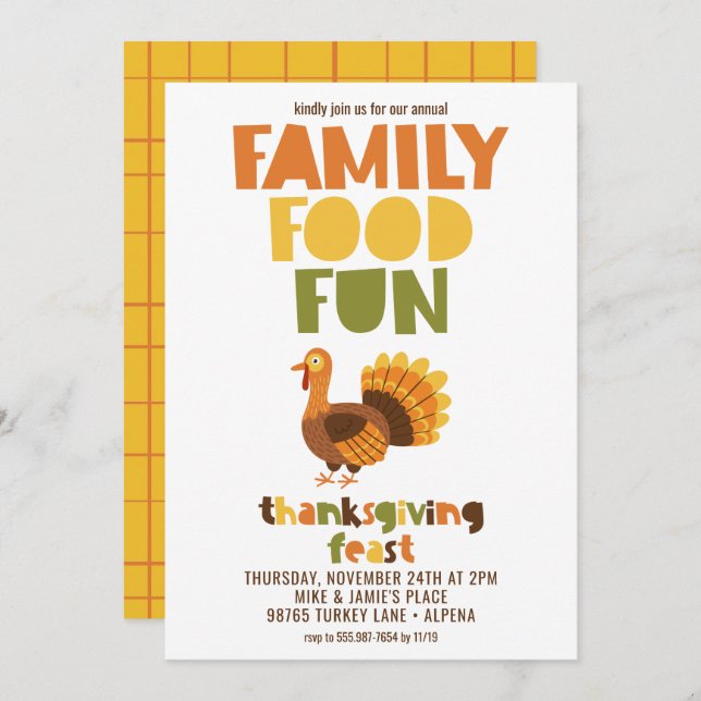 Familjematets Roligt Turkiet Thanksgiving Feast Inbjudningar (Fram/baksida)