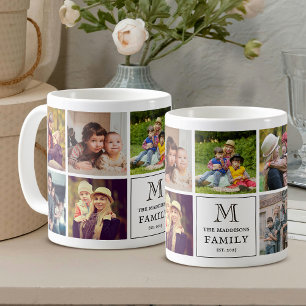Familjemonogram 9 Fotokollage och Anpassad Text Kaffemugg