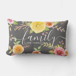 Familjemonogram grått gult blommigt vattenfärgsfär lumbarkudde