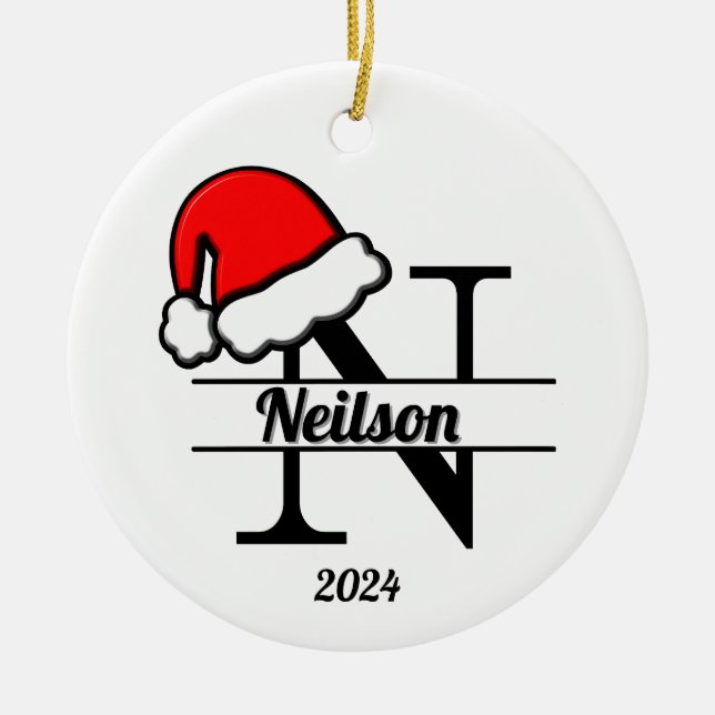 Familjemonogram N | Dubbla sida vid sida Julgransprydnad Keramik (Framsidan)