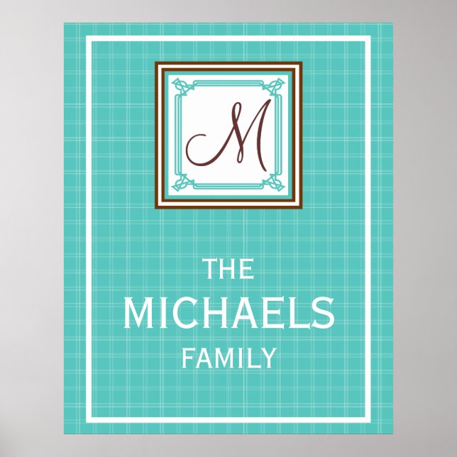 Familjemonogram Poster - Aqua Check (Framsidan)