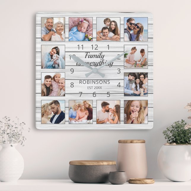 Familjen är All Quote Photo Collage White Fyrkantig Klocka (Skapare uppladdad)