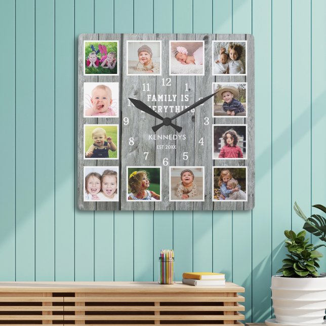 Familjen är allt 12 fotokollage Grått Wood Fyrkantig Klocka (Skapare uppladdad)
