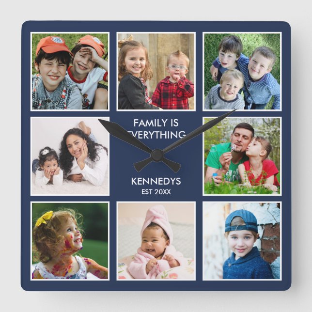 Familjen är allt 8 fotokollage Namn Blue Fyrkantig Klocka (Framsida)