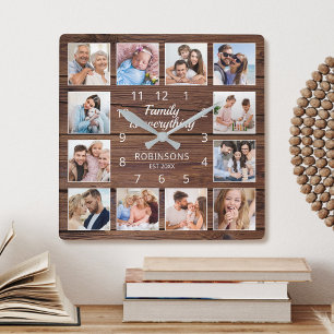 Familjen Är Allt Citat Foto Collage Rustik Fyrkantig Klocka