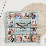Familjen är allt foto Collage Blue Fyrkantig Klocka<br><div class="desc">Skapa enkelt din egen personlig blå,  roliga drivträplåt från sjö hus stil med väggklocka med dina anpassningsbar. Utformningen har också ett vackert handskrivet manuscitat: "Familjen är allt". För bästa resultat ska skörd gå till kvadrat - med skärningspunkten i mitten - före uppladdning.</div>