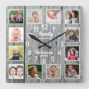 Familjen är allt fotokollage Grått Wood Fyrkantig Klocka