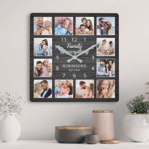 Familjen är allt fotokollage med offert, svart fyrkantig klocka