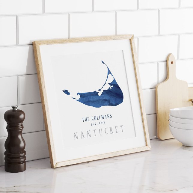 Familjen Blue Watercolor Nantucket Karta, etablera Poster (Skapare uppladdad)