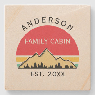 Familjen Cabin Rustic Retro Träd Namn Stenunderlägg