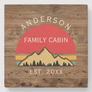 Familjen Cabin Rustic Retro Träd Namn Stenunderlägg