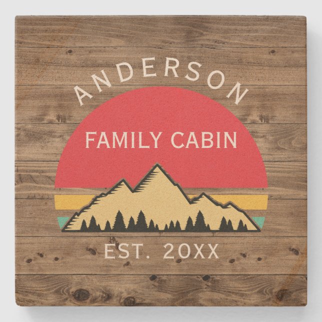 Familjen Cabin Rustic Retro Träd Namn Stenunderlägg (Framsidan)