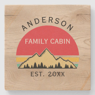 Familjen Cabin Rustic Retro Träd Namn Stenunderlägg