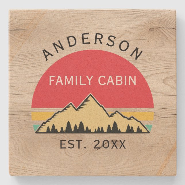 Familjen Cabin Rustic Retro Träd Namn Stenunderlägg (Framsidan)
