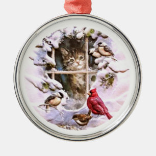 Familjen Cat Kitten Birds Snö Julgransprydnad Metall