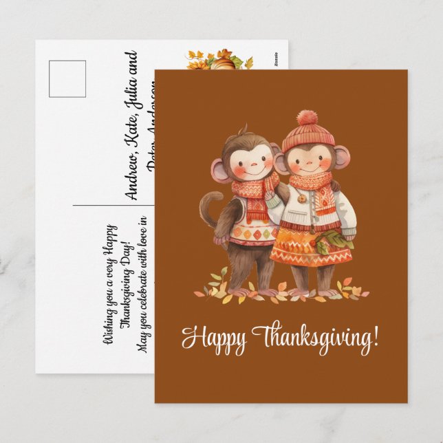 Familjen Monkey Happy thanksgiving Helg Vykort (Fram/baksida)
