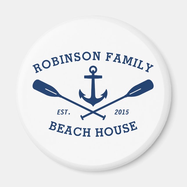 Familjen Namn Beach House Anchor Oars Navy White Magnet (Framsidan)