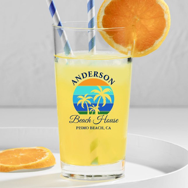Familjen Namn Beach House Sol Handflatan Träd Glaskopp (Customize to change text size, color or text style.)