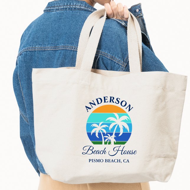 Familjen Namn Beach House Sol Handflatan Träd Jumbo Tygkasse (Choose from several styles and sizes.)