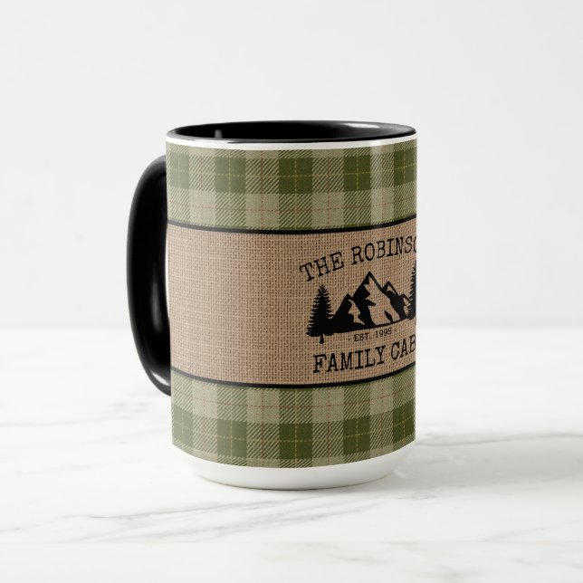 Familjen Namn Cabin Träd Sage Plade Burlap Big Mugg (Framsida vänster)