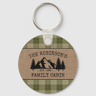 Familjen Namn Cabin Träd Sage Pput Burlap Round Nyckelring