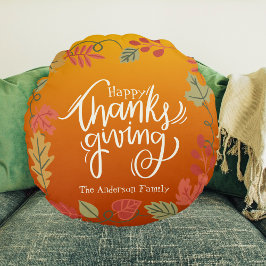 Familjen Namn Modern hösthösten i Happy thanksgivi Rund Kudde
