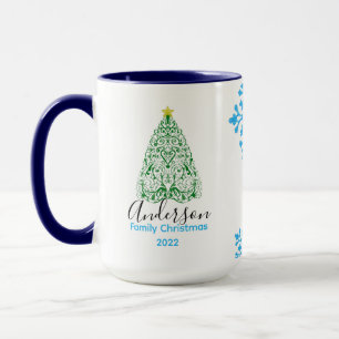 Familjen namn moderna julgran & glitter snö mugg
