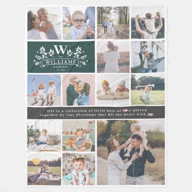 Familjen Namn Monogram | 15 Fotokollage Fleecefilt (Framsidan)